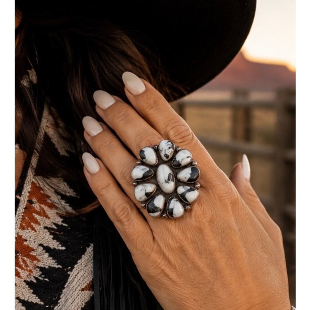 Big White Buffalo Turquoise Cluster Ring set in Copper